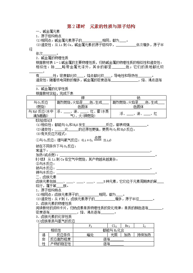 高中化学 第一章 第一节 第2课时 元素的性质与原子结构课后作业 新人教版必修201