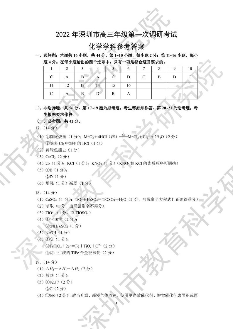 2022年深圳市高三年级第一次调研考试——化学答案第1页