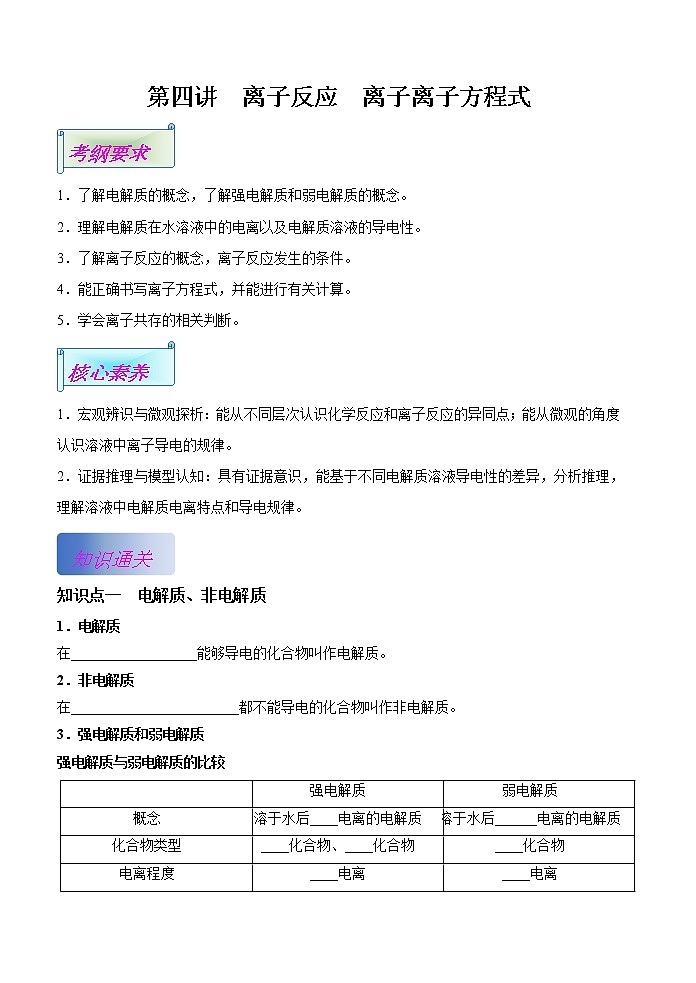 第04讲  离子反应  离子离子方程式（基础过关）-2022年高考化学一轮复习讲练全能王（有答案）01