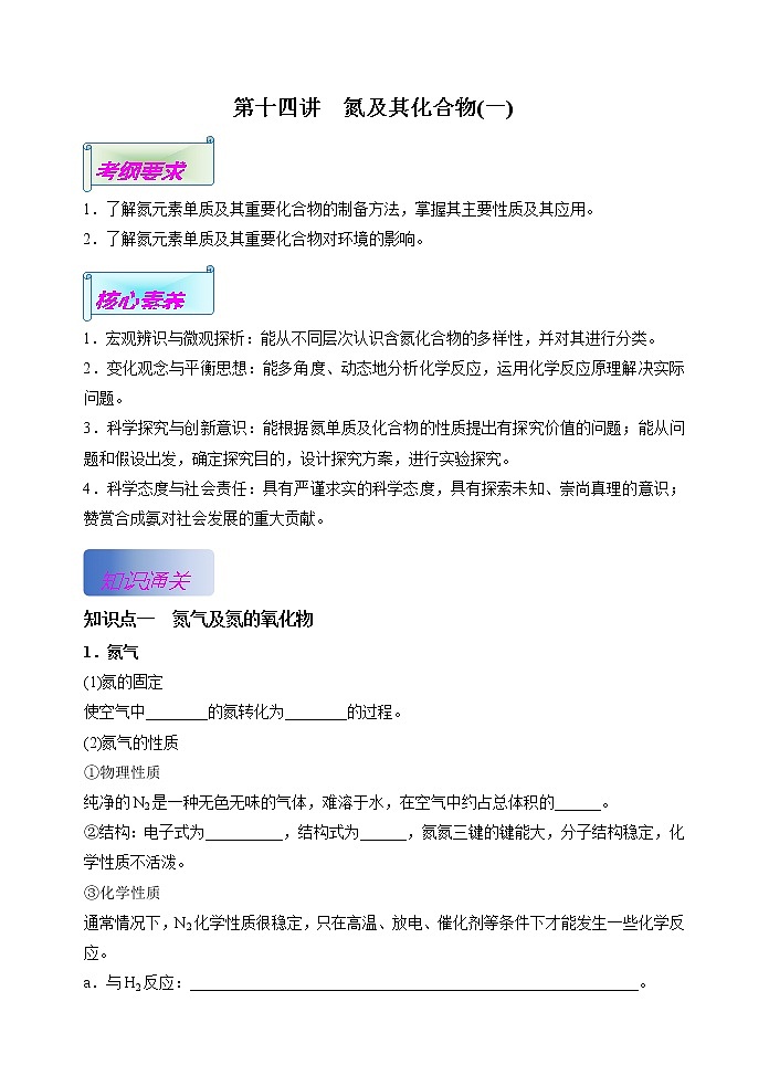第14讲  氮及其化合物（基础过关）(一)-(解析版）第1页
