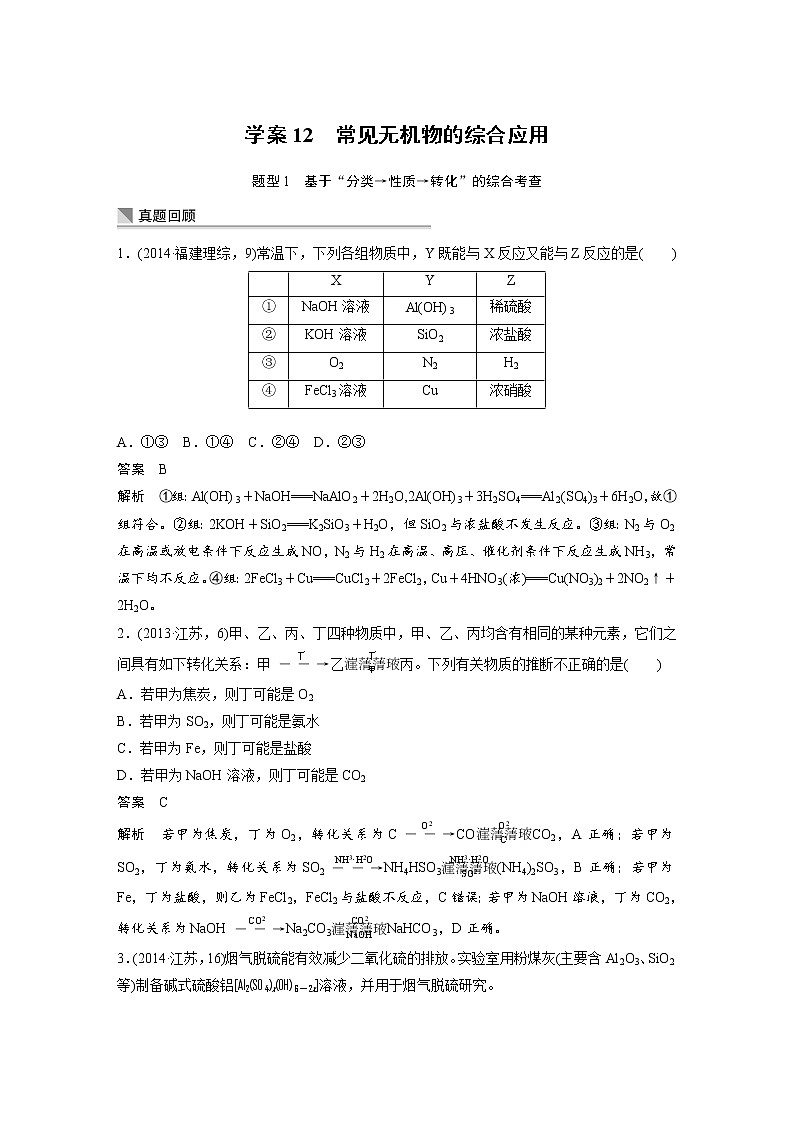 【考前三个月】2022届高考化学（2019新人教版）考前专题复习题-常见无机物的综合应用第1页
