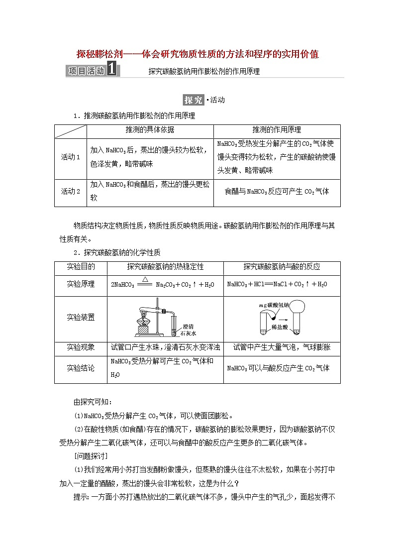 2021_2022年新教材高中化学第一章认识化学科学微项目探秘膨松剂__体会研究物质性质的方法和程序的实用价值学案鲁科版必修第一册01