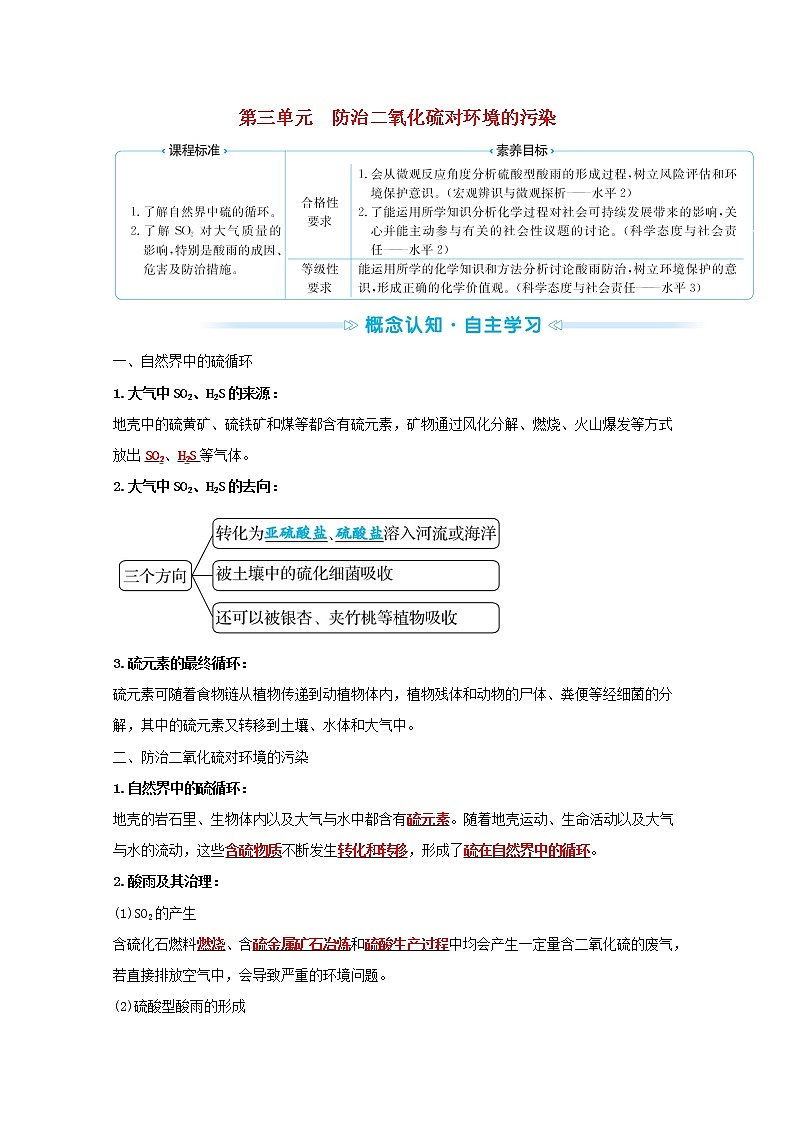 2021_2022学年新教材高中化学专题4硫及环境保护第三单元防治二氧化硫对环境的污染学案苏教版必修101