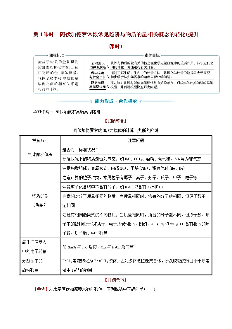 2021_2022学年新教材高中化学第二章海水中的重要元素__钠和氧第三节第4课时阿伏加德罗常数常见陷阱与物质的量相关概念的转化提升课时学案新人教版必修1第1页