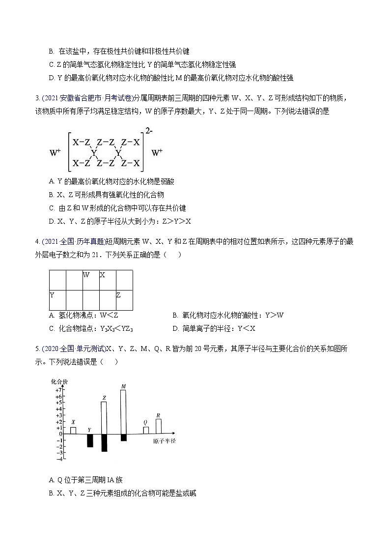 专题08 元素周期表、元素周期律（基础卷）-2022届高三化学【精准提升·二轮】专题训练卷（新高考专用）（原卷版）第2页