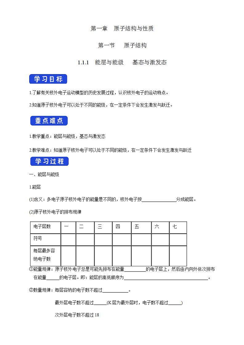 1.1.1　能层与能级   基态与激发态-学案（原卷版）第1页