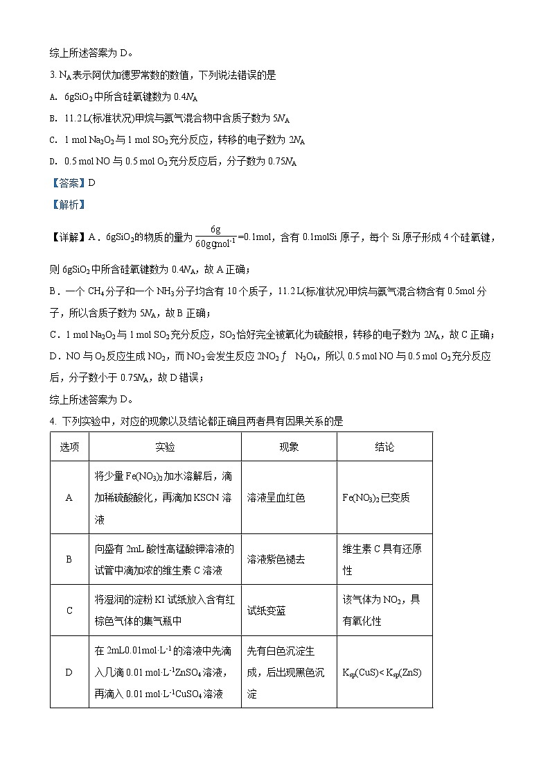 广西玉林市、贵港市、崇左市、柳州市、百色市2021届高三第二次模拟考试理科综合化学试题02