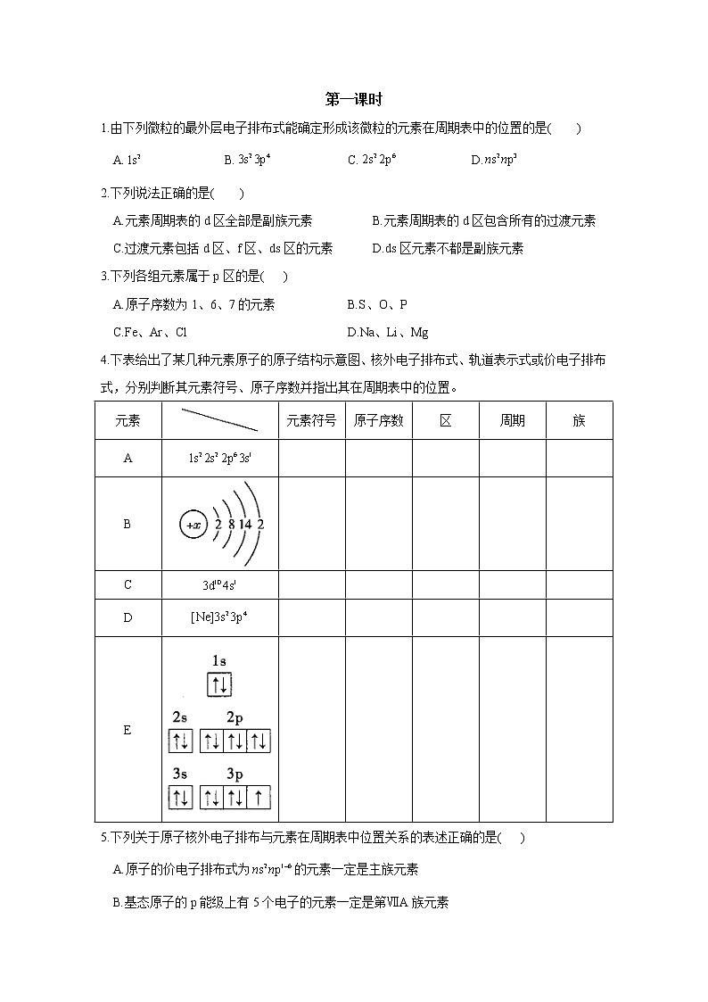 2021-2022学年高中化学新人教版选择性必修2 第1章 第2节第1课时原子结构与元素周期表 作业第1页