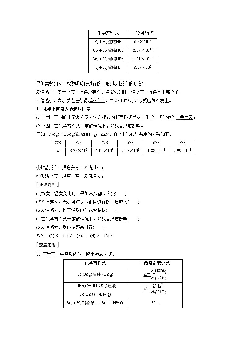高中化学苏教版（2021）选择性必修1 专题2 第二单元 第3课时 化学平衡常数（学案+课时练 word版含解析）02