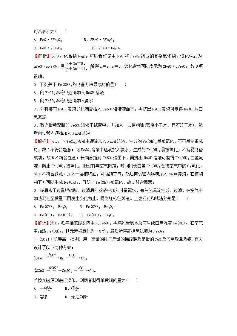 浙江专用2021_2022学年新教材高中化学课时练习19铁的单质铁的氧化物铁的氢氧化物含解析新人教版必修第一册第2页