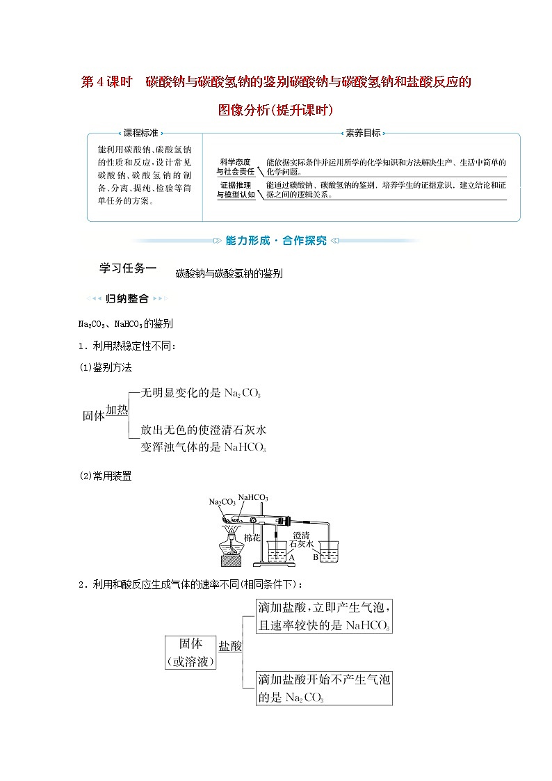 2021_2022学年高中化学第二章海水中的重要元素__钠和氧第一节第4课时碳酸钠与碳酸氢钠的鉴别碳酸钠与碳酸氢钠和盐酸反应的图像分析提升课时学案新人教版必修1第1页