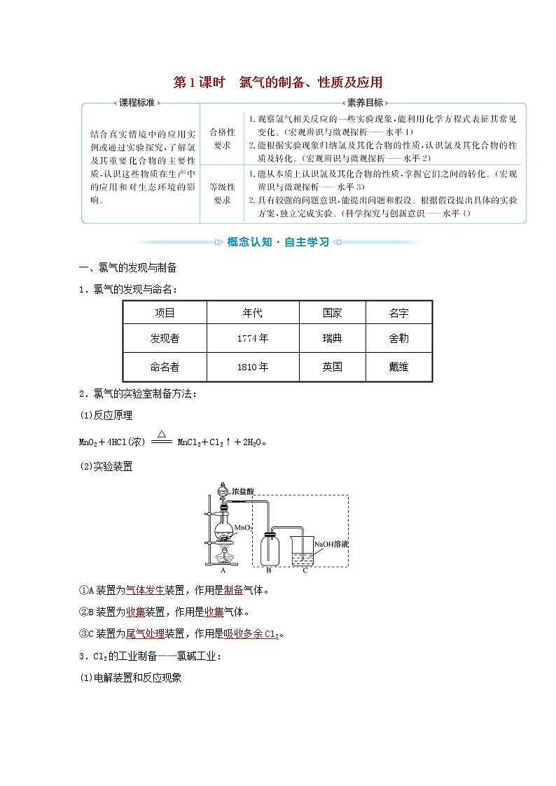 2021_2022学年高中化学专题3从海水中获得的化学物质第一单元第1课时氯气的制备性质及应用学案苏教版必修101