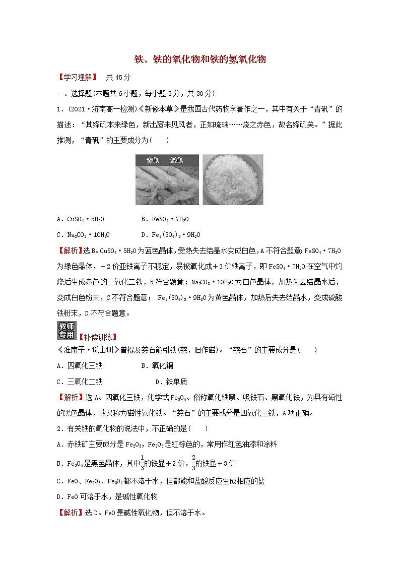 福建专用2021_2022学年新教材高中化学课时练18铁铁的氧化物和铁的氢氧化物含解析鲁科版必修1第1页