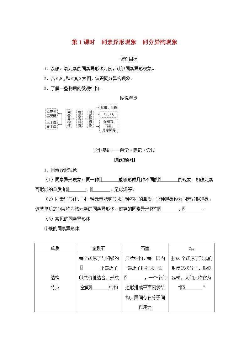 2021_2022学年新教材高中化学专题5微观结构与物质的多样性3.1同素异形现象同分异构现象学案苏教版必修101