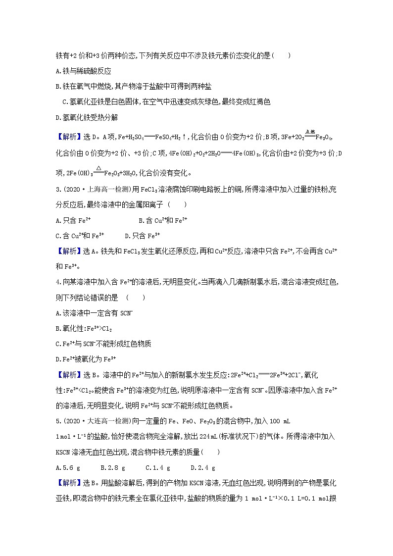 浙江专用2021_2022学年新教材高中化学课时检测15铁的氢氧化物及其铁盐含解析新人教版必修第一册第2页