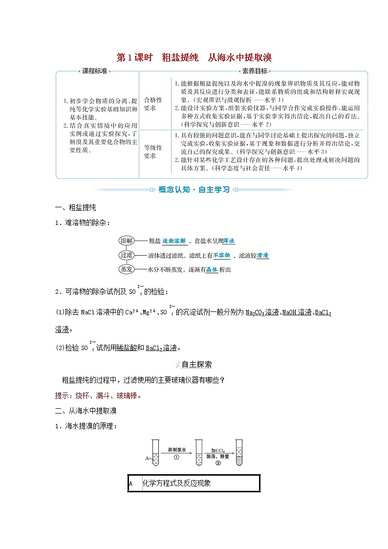 2021_2022学年新教材高中化学专题3从海水中获得的化学物质第三单元第1课时粗盐提纯从海水中提取溴学案苏教版必修101