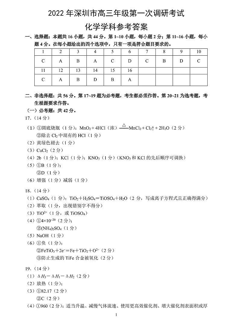 深圳市普通高中2022届高三下学期第一次调研考试化学答案（PDF版）第1页
