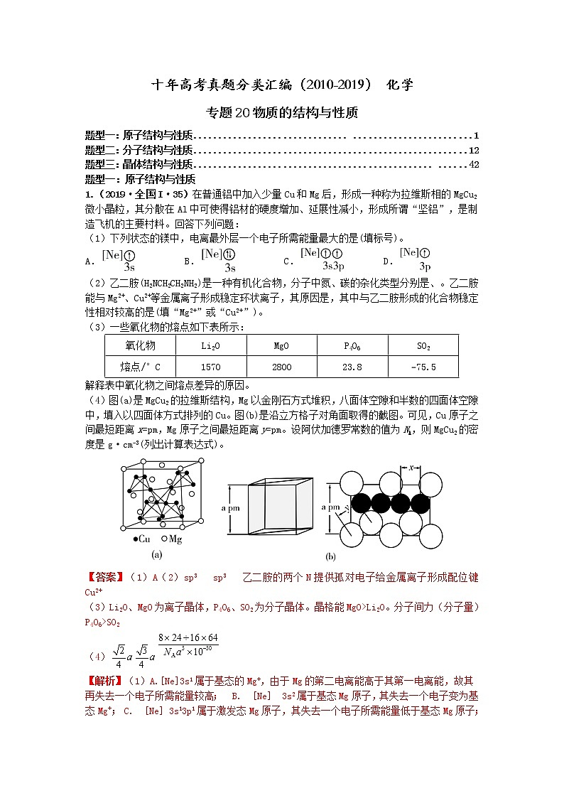 十年高考真题分类汇编（2010-2019）化学 专题20  物质的结构与性质01