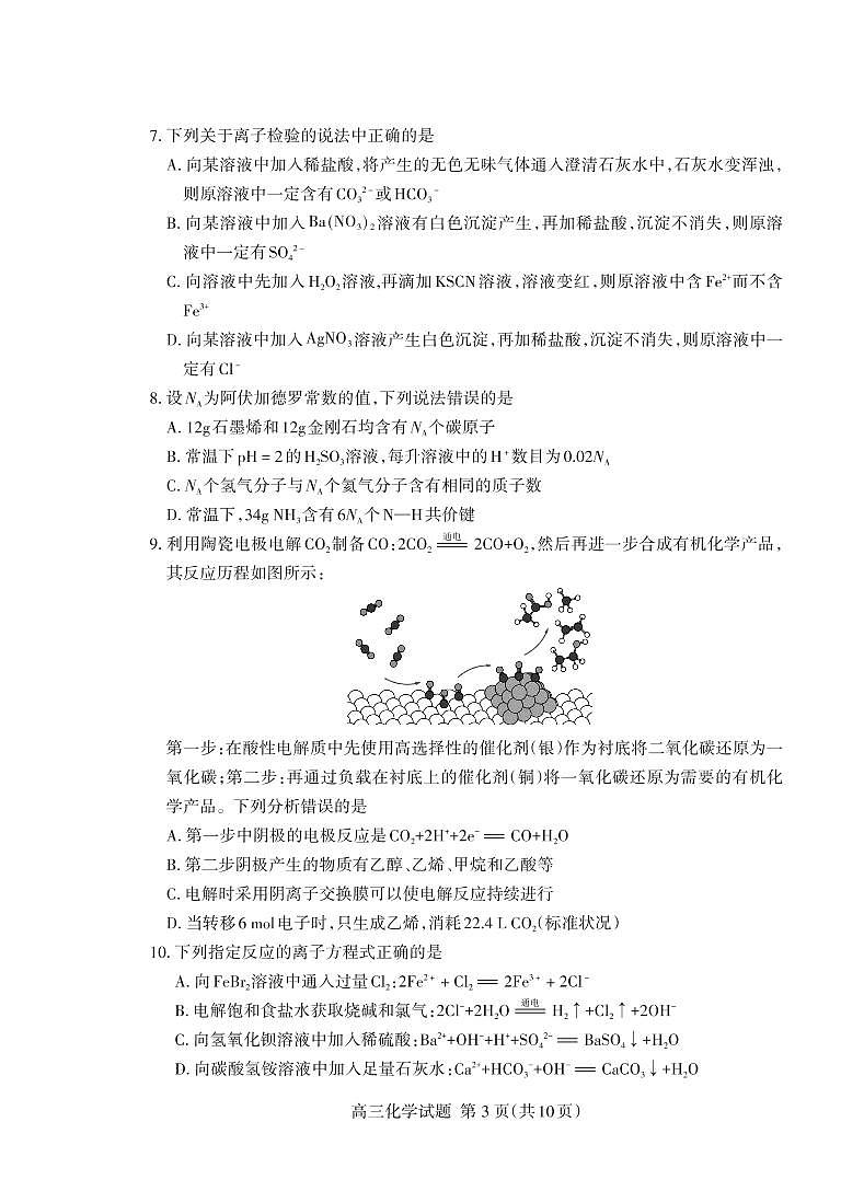 2022届山东省泰安市高三上学期期末考试化学试题PDF版含答案03