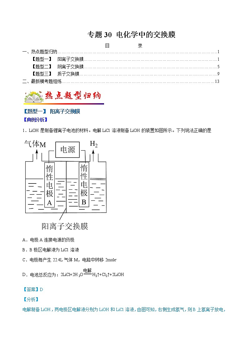 （全国通用）高考化学二轮热点题型归纳与变式演练 专题30  电化学中的交换膜（解析+原卷）学案01