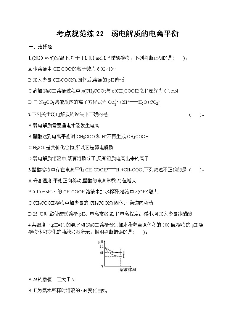 苏教版（2019）高考一轮复习考点规范练22　弱电解质的电离平衡01