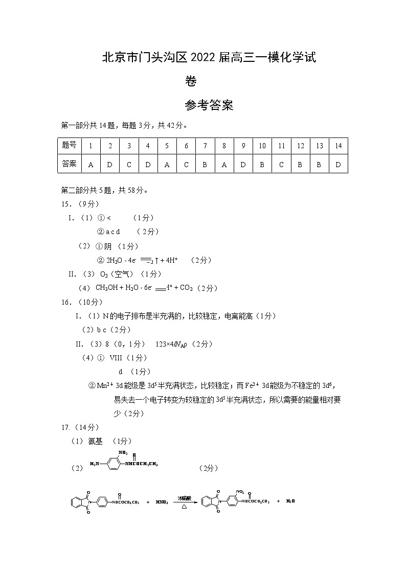 北京市门头沟区2022届高三一模化学试卷参考答案第1页