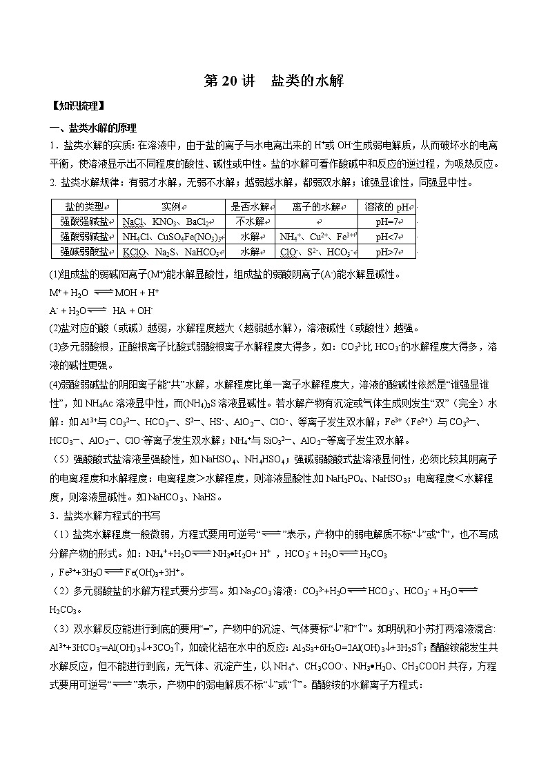 第20讲 盐类的水解-2022年高考化学一轮复习名师精讲练01
