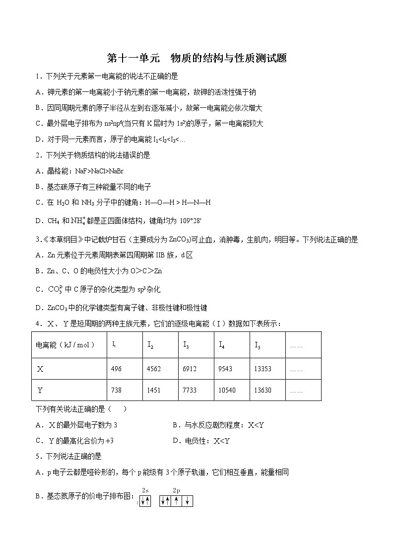 第十一单元 物质的结构与性质测试题-2022年高考化学一轮复习名师精讲练第1页