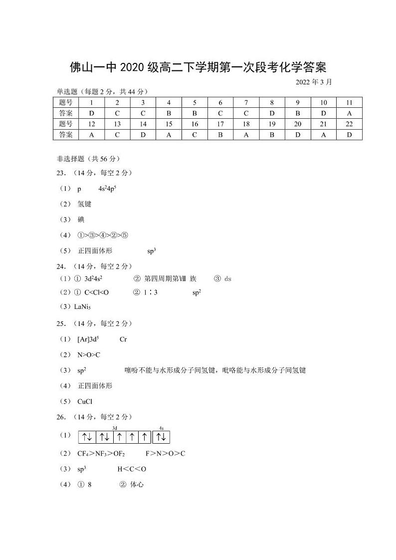 2022佛山一中高二下学期第一次段考试题（3月）化学（选考）PDF版含答案（可编辑）01