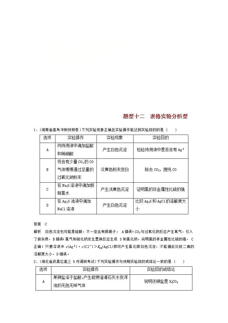 高考化学二轮复习训练题：选择题热点题型特训 题型12《表格实验分析型》（含答案）第1页