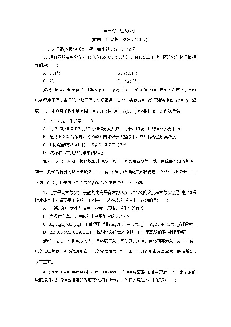 高考化学一轮复习方案：第08章水溶液中的离子平衡 8 章末综合检测（八） （含详解）第1页