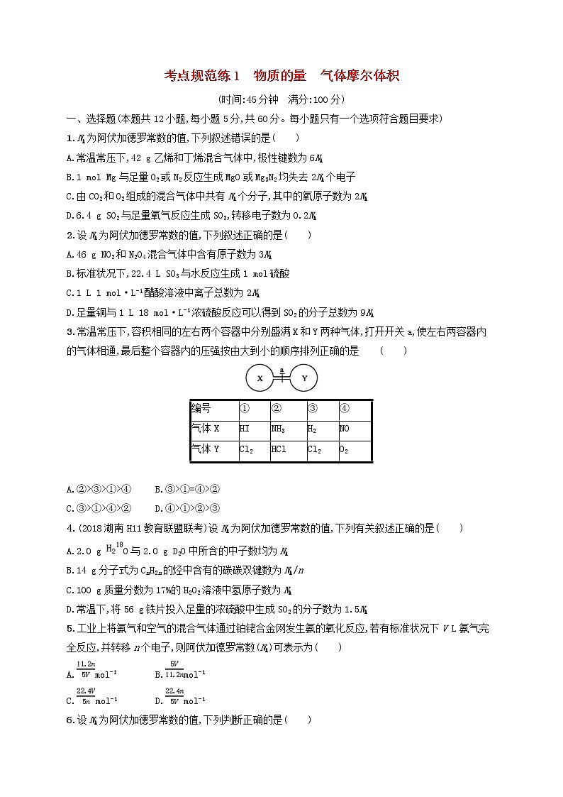 高考化学一轮复习考点规范练01《物质的量气体摩尔体积》(含详解)第1页