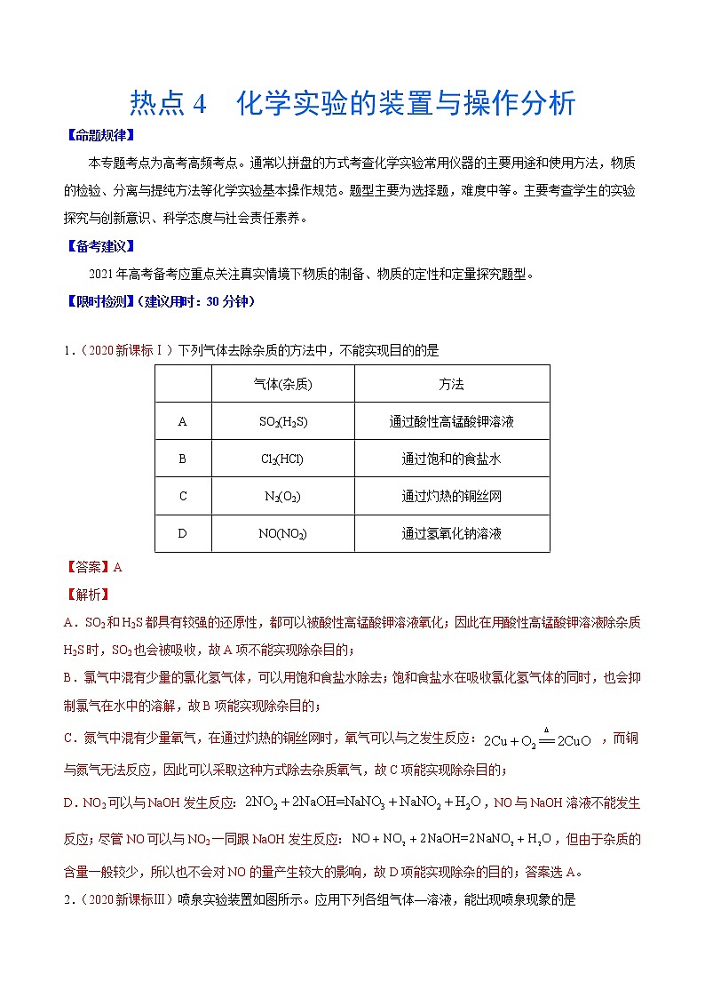 热点4 化学实验的装置与操作分析- 高考化学专练【热点·重点·难点】01