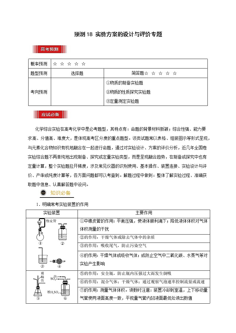 预测18 实验方案的设计与评价专题-【临门一脚】  高考化学三轮冲刺过关01