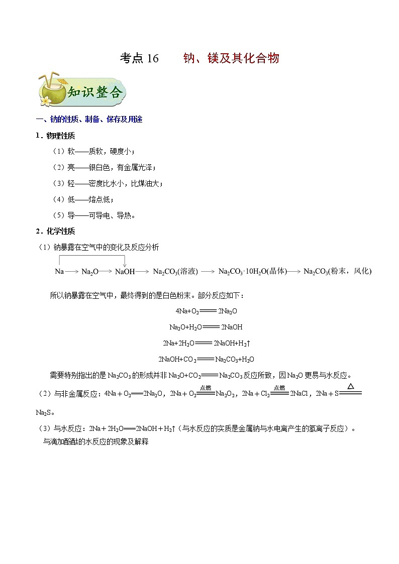 考点16 钠、镁及其化合物——备战2022年浙江新高考一轮复习化学考点一遍过 试卷01