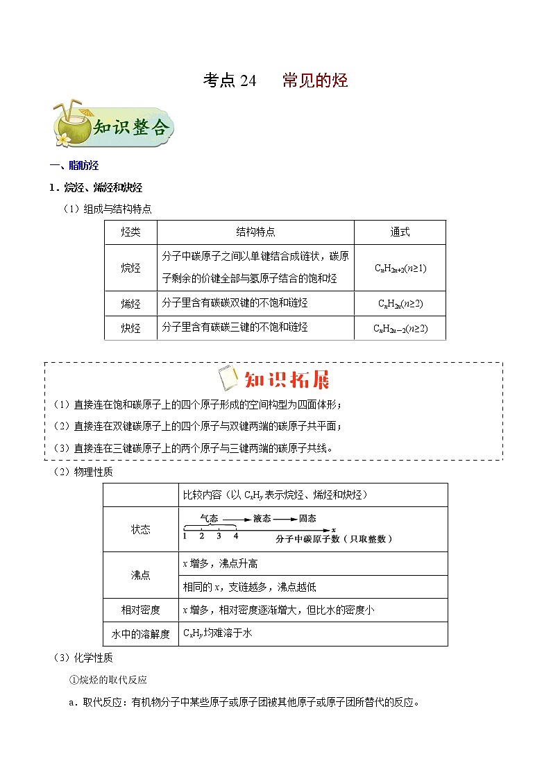 考点24 常见的烃——备战2022年浙江新高考一轮复习化学考点一遍过 试卷01