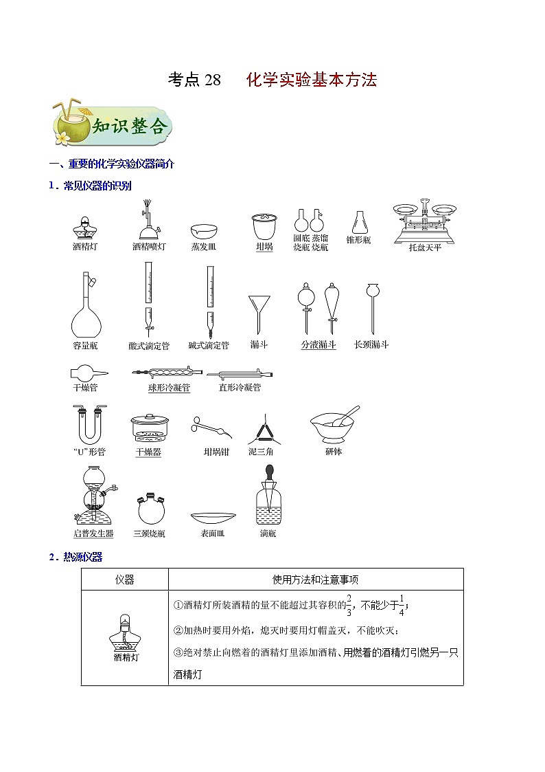 考点28 化学实验基本方法——备战 浙江新高考一轮复习化学考点一遍过(解析版)第1页