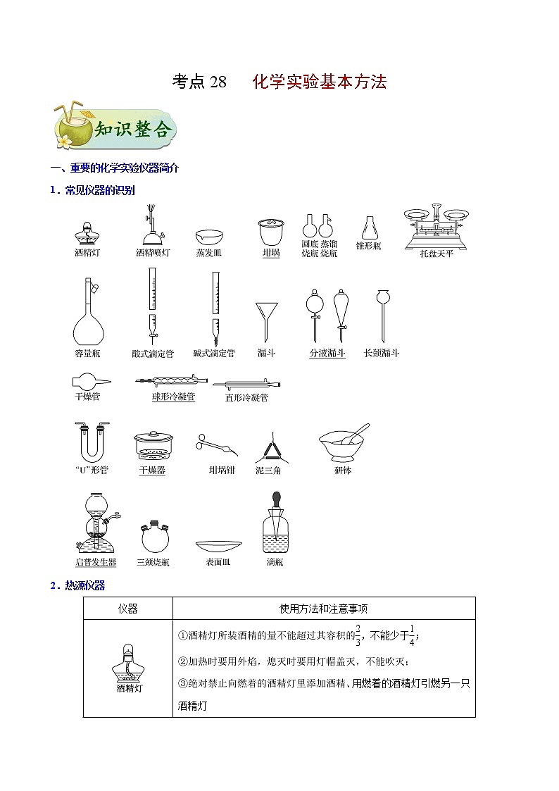 考点28 化学实验基本方法——备战 浙江新高考一轮复习化学考点一遍过(原卷版)第1页