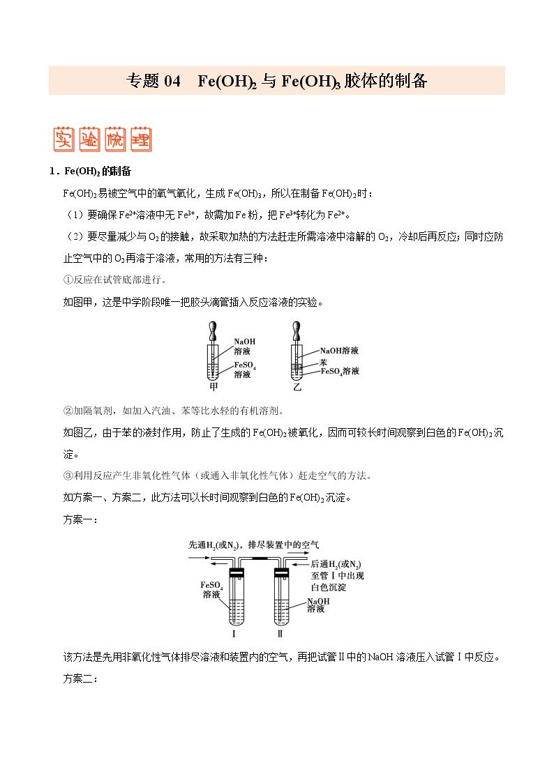 专题04 Fe(OH)2与Fe(OH)3胶体的制备——备战2022年高考化学之突破教材实验热点01