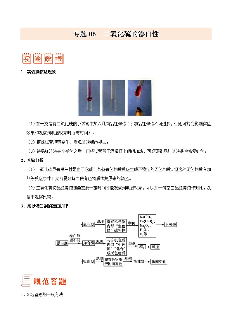 专题06 二氧化硫的漂白性——备战2022年高考化学之突破教材实验热点（教师版）第1页