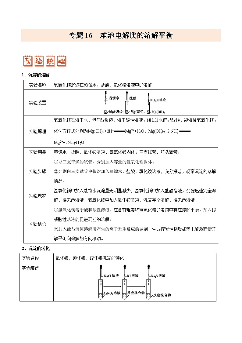 专题16 难溶电解质的溶解平衡——备战2022年高考化学之突破教材实验热点（学生版）第1页