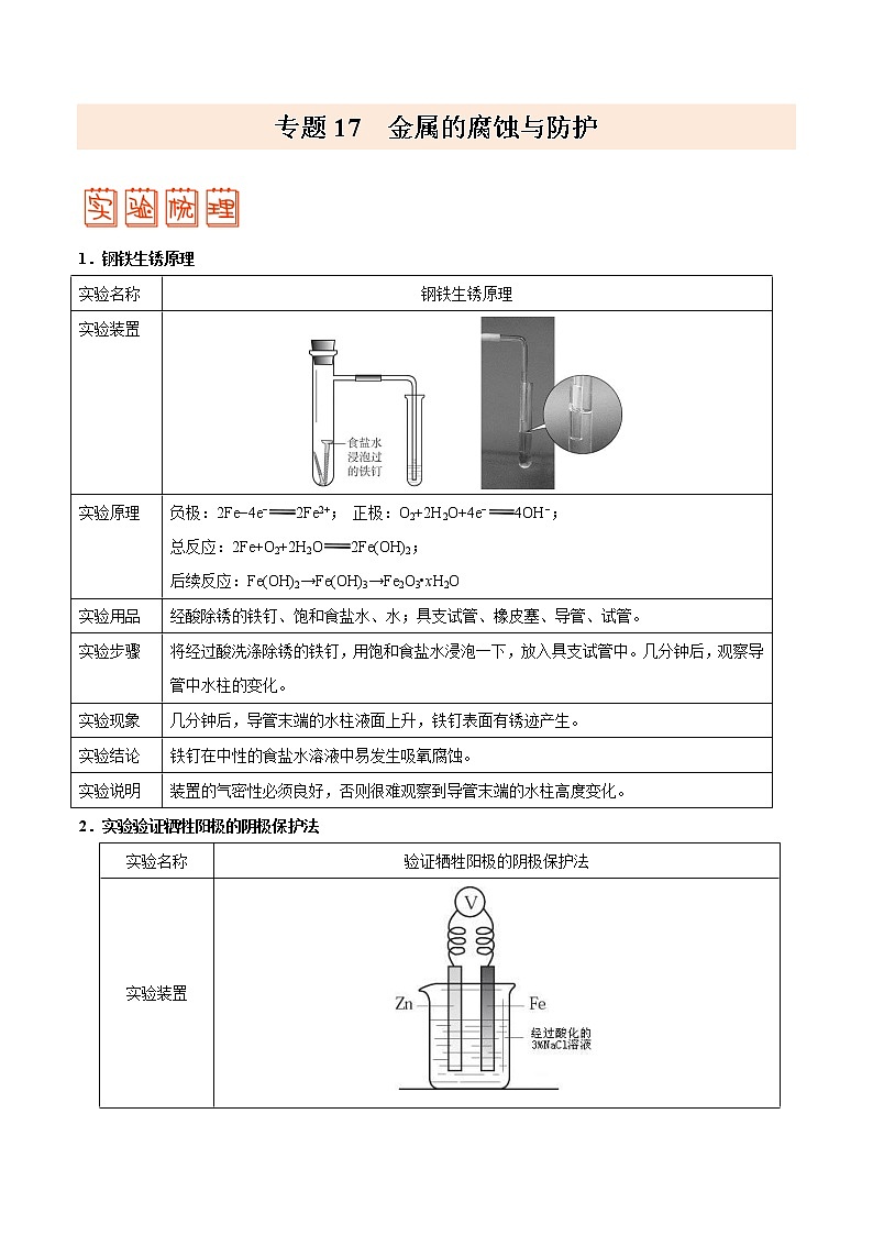 专题17 金属的腐蚀与防护——备战2022年高考化学之突破教材实验热点（教师版）第1页