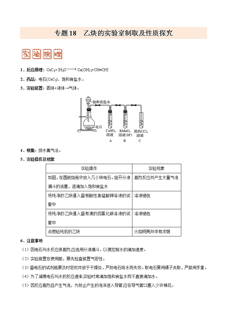 专题18 乙炔的实验室制取及性质探究——备战2022年高考化学之突破教材实验热点（学生版）第1页