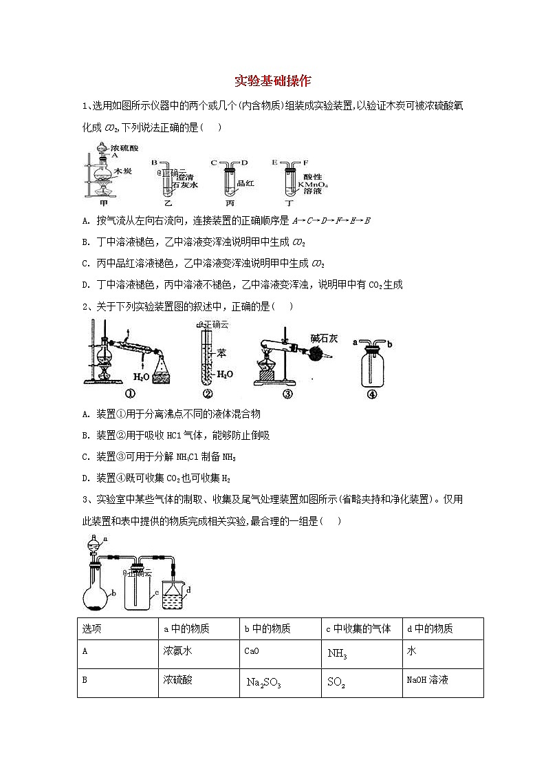 高考化学高频考点小题突破训练10《实验基础操作》（含详解）第1页