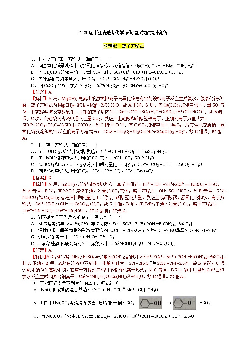 题型05：离子方程式-2021届浙江省选考化学培优“题对题”提分狂练01