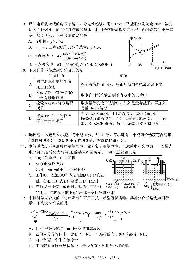 2022届山东省威海市高三上学期期末考试化学试题PDF版含答案03