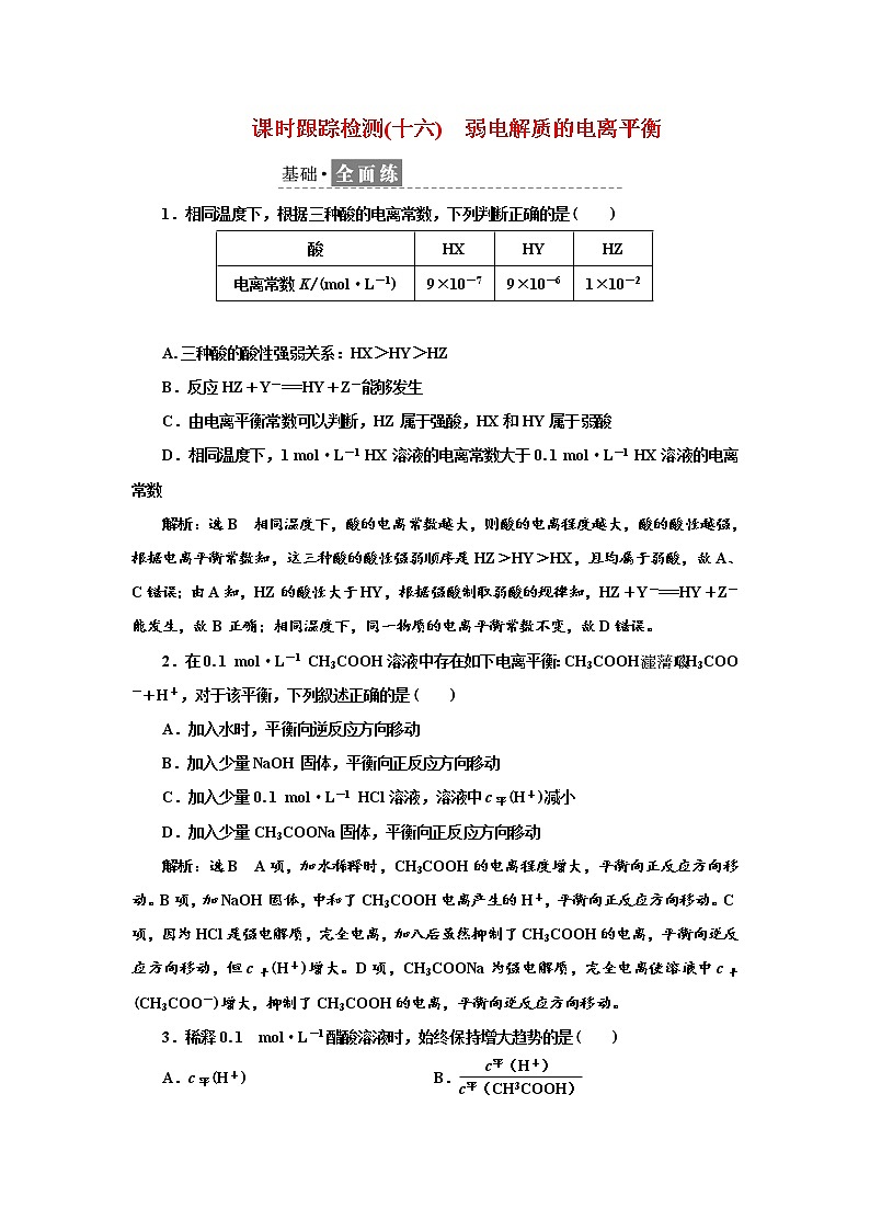 2021-2022学年高中化学新鲁科版选择性必修1 3.2.1　弱电解质的电离平衡 作业 练习01