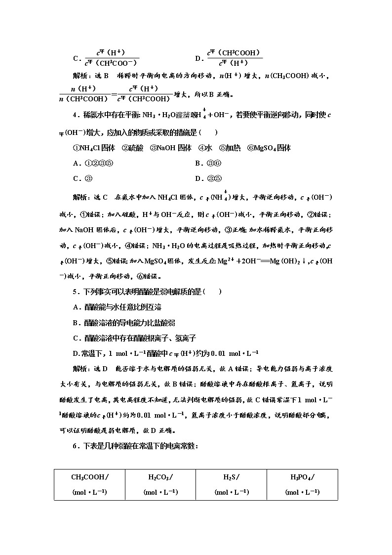 2021-2022学年高中化学新鲁科版选择性必修1 3.2.1　弱电解质的电离平衡 作业 练习02