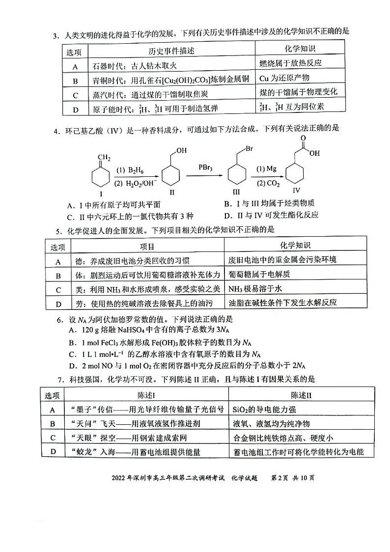 2022届广东省深圳市高三第二次调研考试（二模）化学试题无答案02
