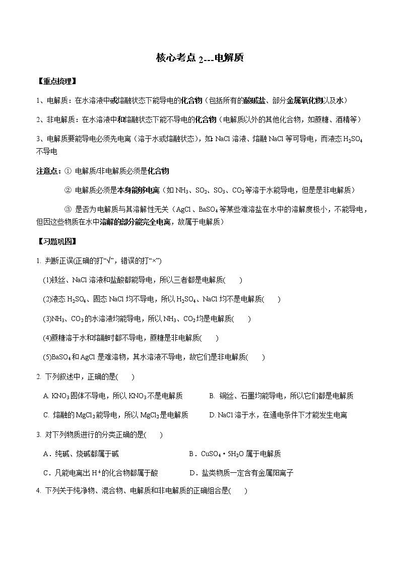 核心考点2-电解质练习题01